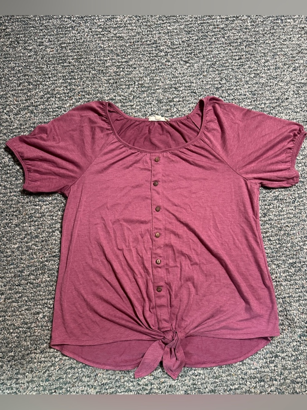 Cottagecore Puff Sleeve Button-Front Tie Hem Short Sleeve Top - Mauve Purple